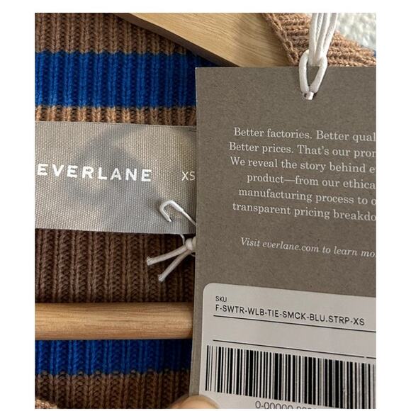 Everlane Lace Up Smock Sweater Knit Chestnut Brown Blue Striped Wool NWT - Picture 5 of 8
